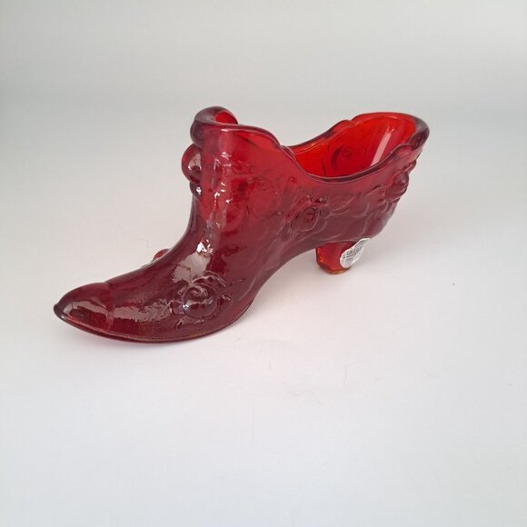 Fenton Ruby Red Glass Victorian Shoe Figurine Cabbage Rose Pattern - Picture 9 of 12